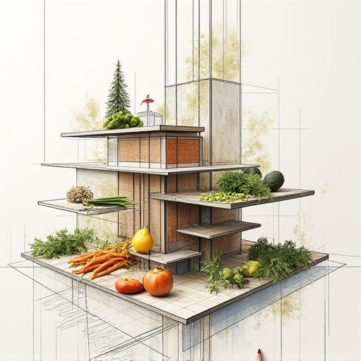 食事のバランスを示す建築的なスケッチ